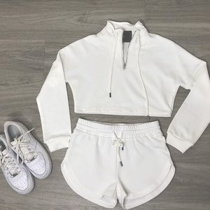 White Short Set with Zipper Long Sleeve Jacket